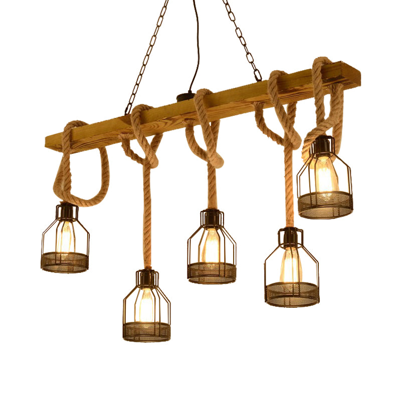 5 Heads Hanging Light Retro Industrial Wire Cage Metal Island Lighting with Adjustable Rope in Brown