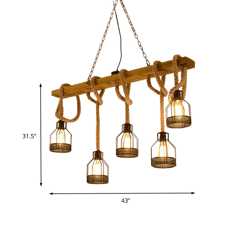 5 Heads Hanging Light Retro Industrial Wire Cage Metal Island Lighting with Adjustable Rope in Brown