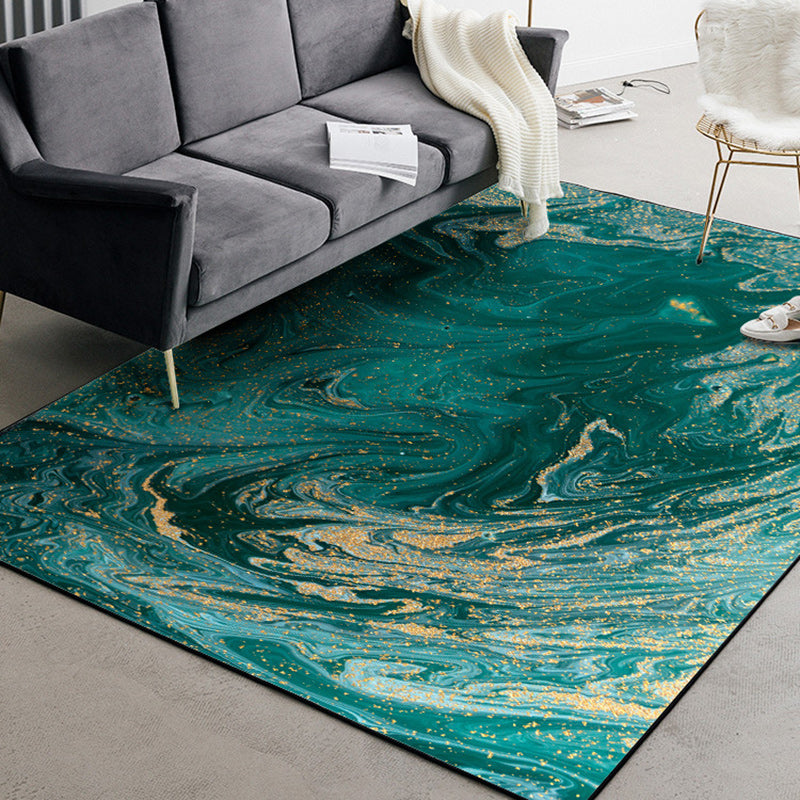 Green and Golden Contemporary Rug Polyester Watercolor Pattern Rug Washable Non-Slip Backing Carpet for Living Room