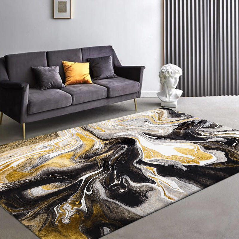 Unique Watercolor Pattern Rug Black and Yellow Novelty Rug Polyester Washable Anti-Slip Backing Carpet for Living Room