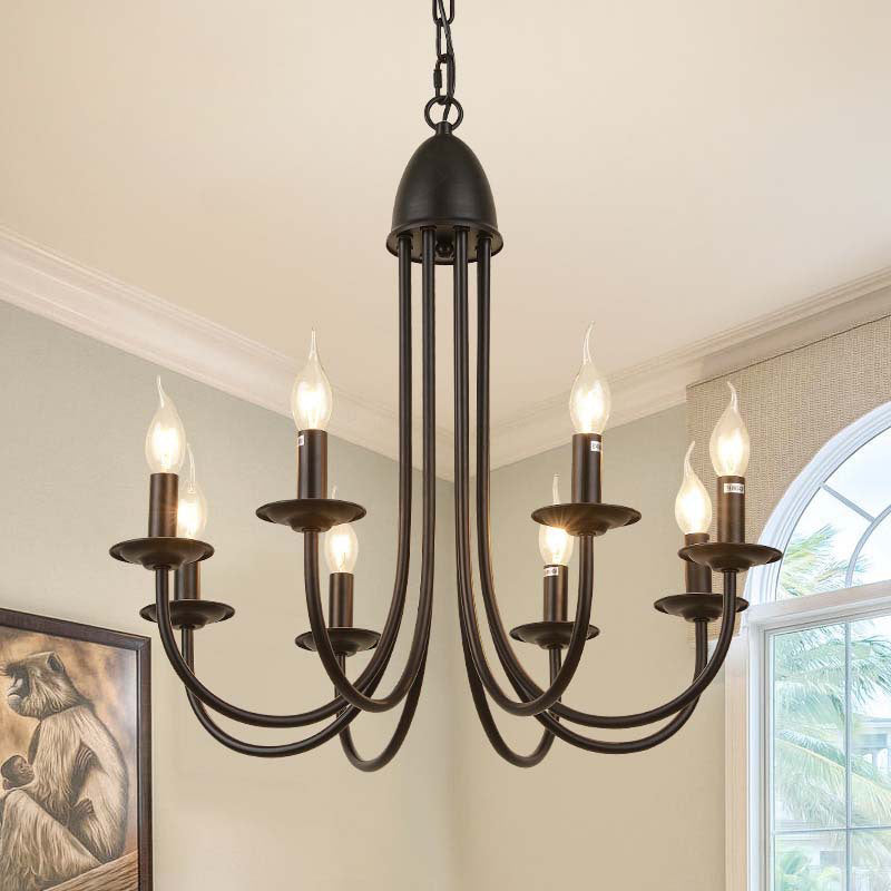 6/8 Heads Iron Chandelier Light Rustic Style Bronze Bare Bulb Dining Room Hanging Pendant with Curved Arm