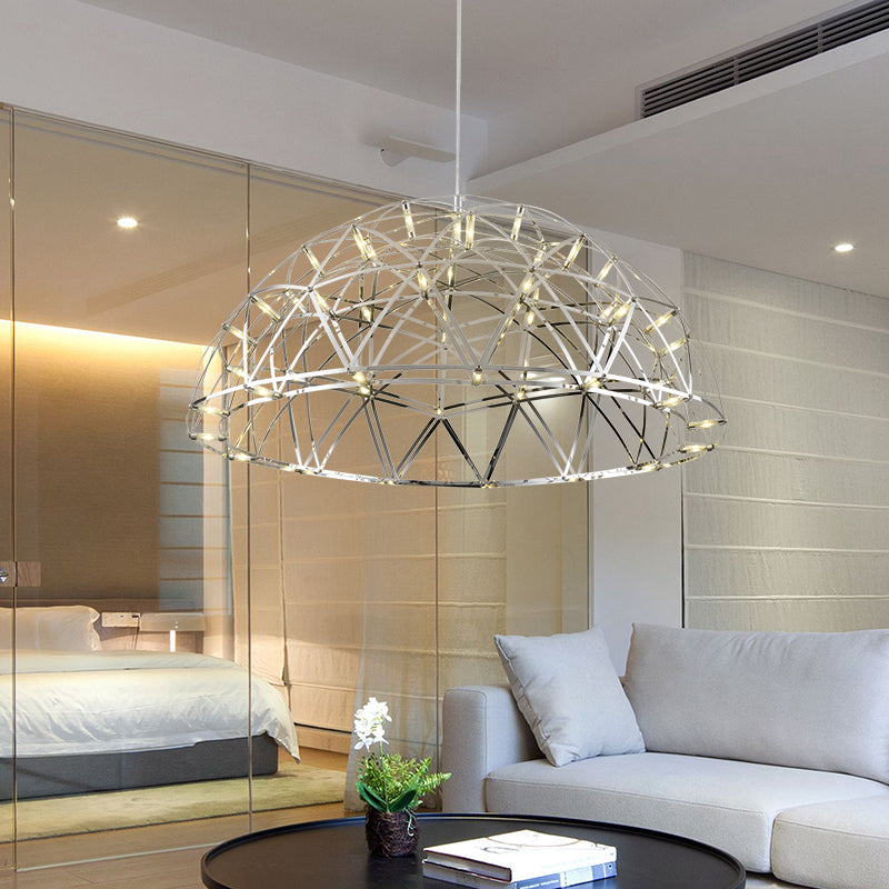 Dome Hanging Light Modern Metal 25.5"/31" W LED Chrome Chandelier Lamp with Crisscrossing Triangular Pattern, Warm/White Light