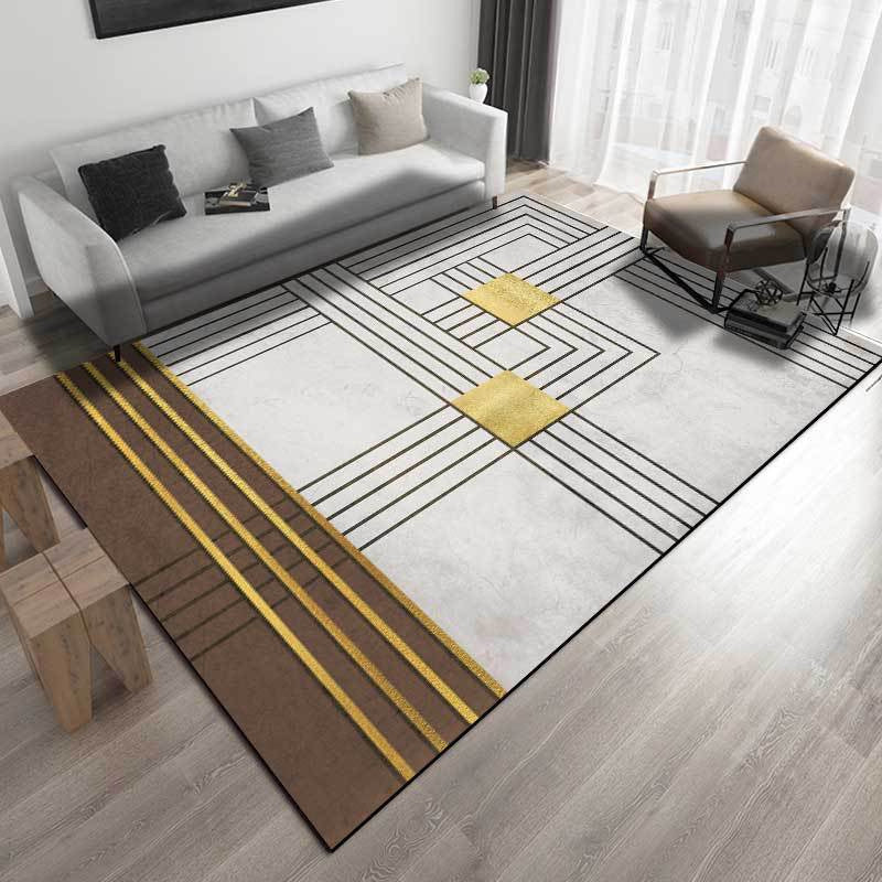Grey and Brown Modern Rug Polyester Striped Pattern Rug Washable Non-Slip Backing Carpet for Living Room