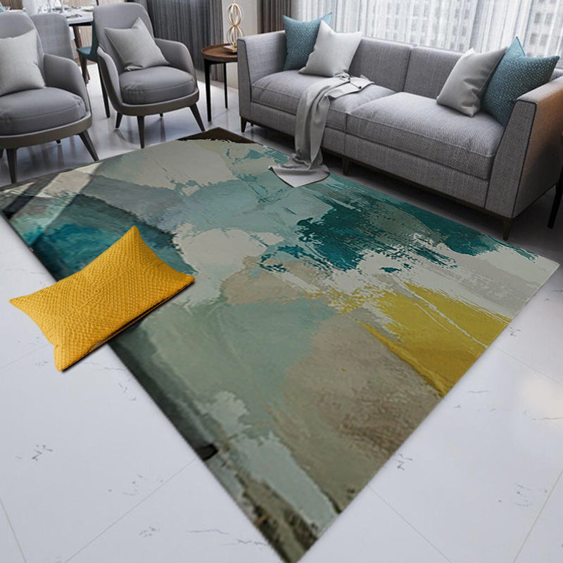 Novelty Brushstroke Painting Pattern Rug Blue and Yellow Polyester Rug Washable Carpet for Living Room