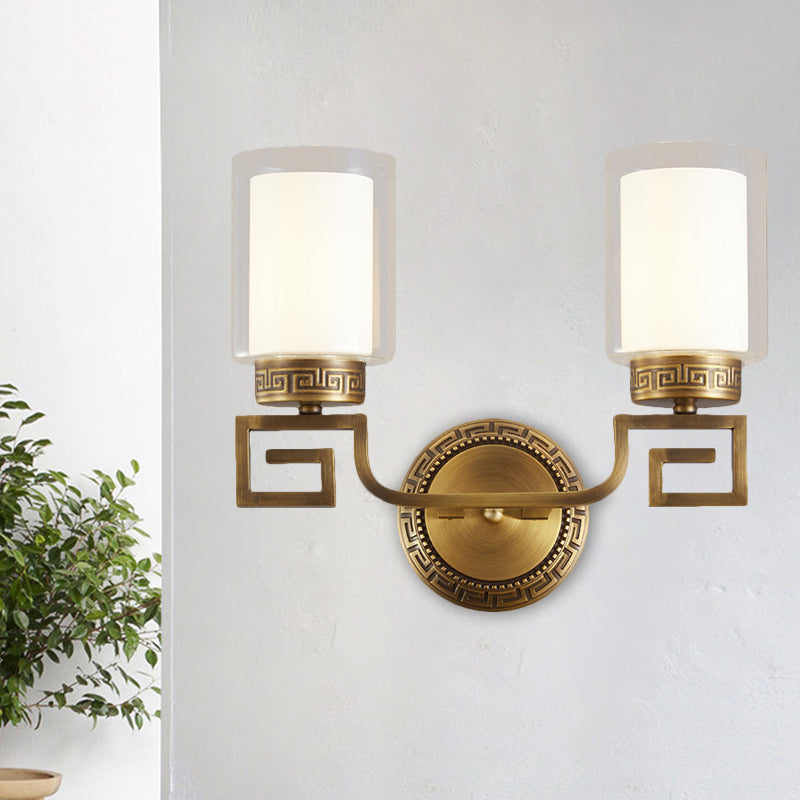 2 Bulbs Wall Sconce Light Traditional Dual Cylinder Clear and White Glass Wall Mount Lighting in Brass