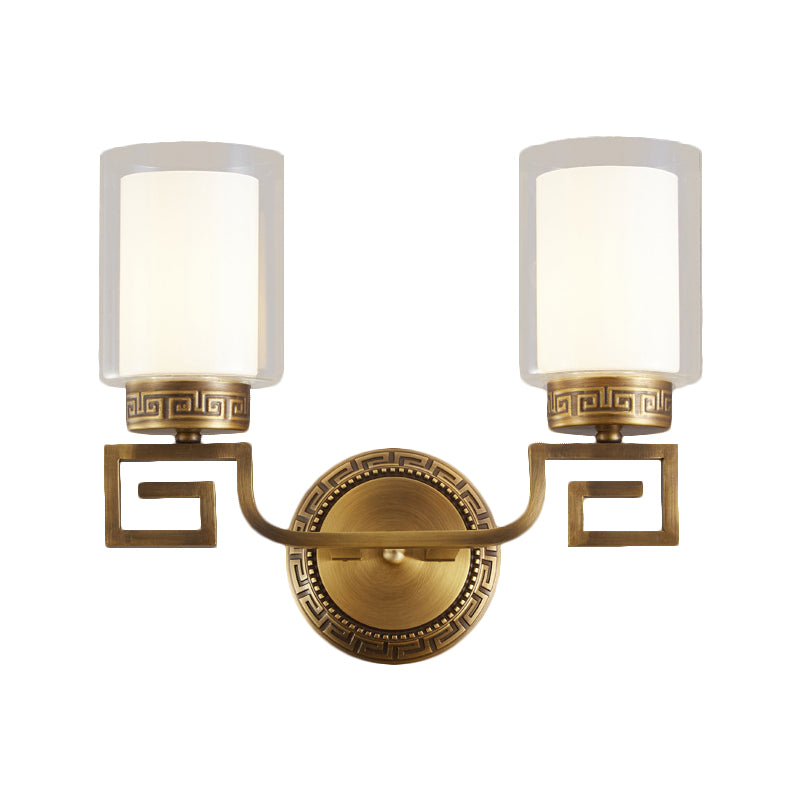 2 Bulbs Wall Sconce Light Traditional Dual Cylinder Clear and White Glass Wall Mount Lighting in Brass
