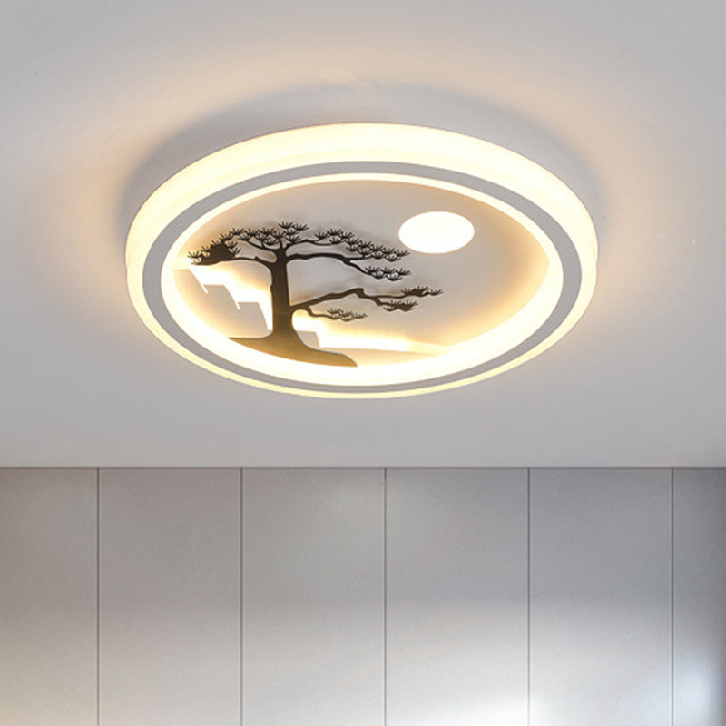 Square/Round Ceiling Fixture Modernist Acrylic LED White Flush Mount Lighting with Bird/Tree Pattern