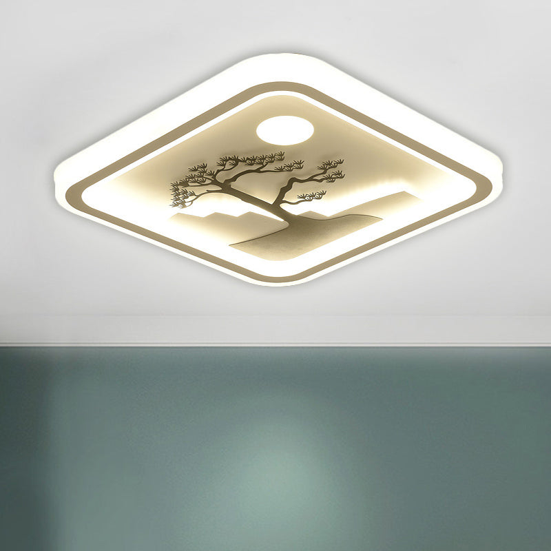 Square/Round Ceiling Fixture Modernist Acrylic LED White Flush Mount Lighting with Bird/Tree Pattern
