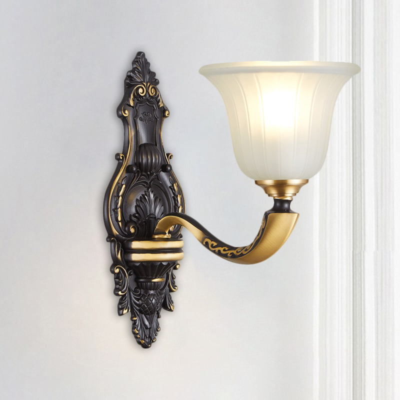 Farmhouse Bell Wall Lighting 1/2-Bulb White Fluted Glass Wall Mounted Lamp in Black and Gold