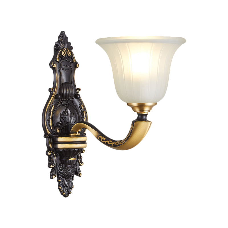 Farmhouse Bell Wall Lighting 1/2-Bulb White Fluted Glass Wall Mounted Lamp in Black and Gold