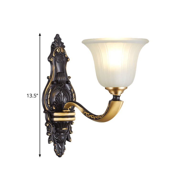 Farmhouse Bell Wall Lighting 1/2-Bulb White Fluted Glass Wall Mounted Lamp in Black and Gold