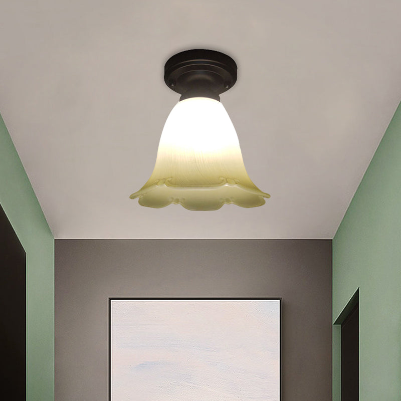 Single Head Flush Lamp Cottage Flower White Glass Ceiling Flush Mount Light in Black