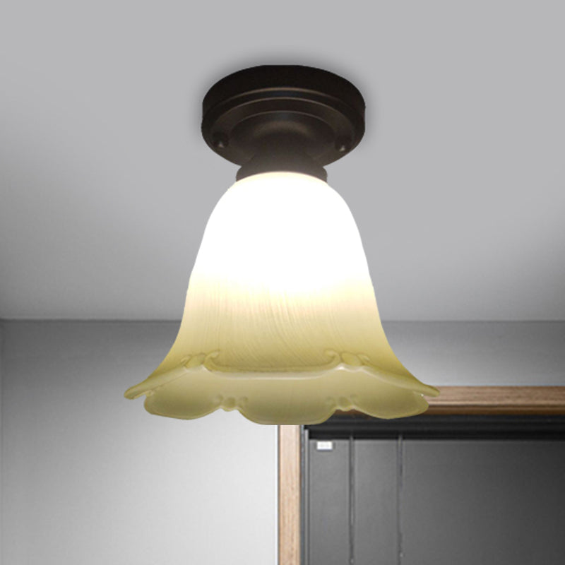 Single Head Flush Lamp Cottage Flower White Glass Ceiling Flush Mount Light in Black