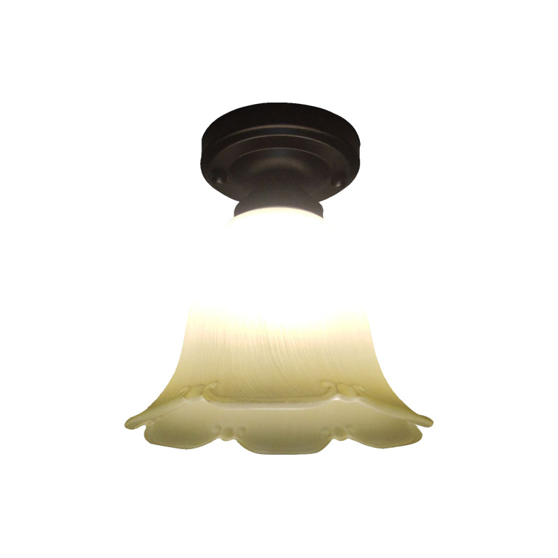 Single Head Flush Lamp Cottage Flower White Glass Ceiling Flush Mount Light in Black