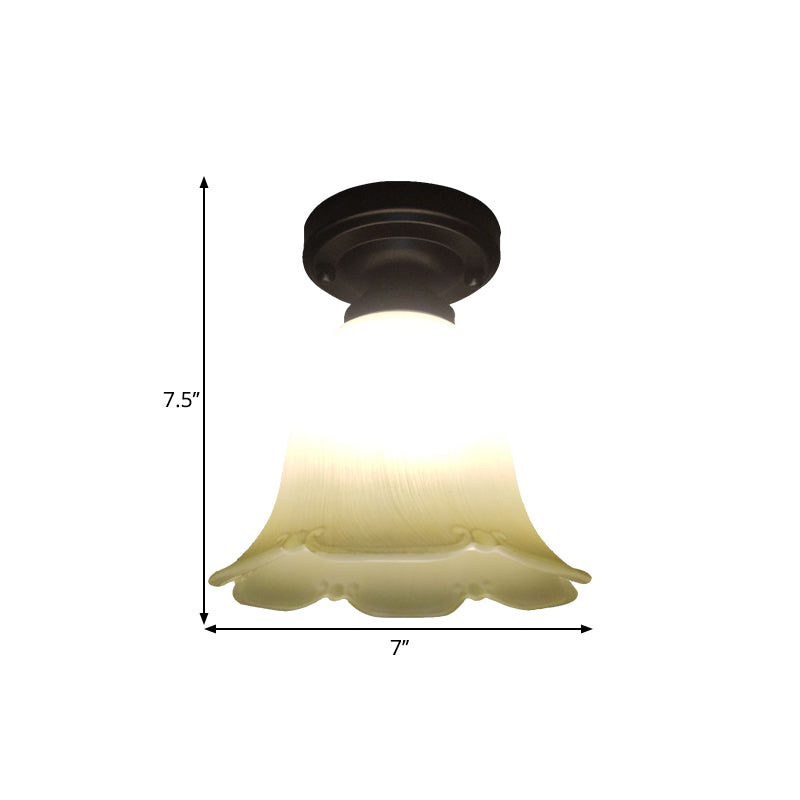 Single Head Flush Lamp Cottage Flower White Glass Ceiling Flush Mount Light in Black