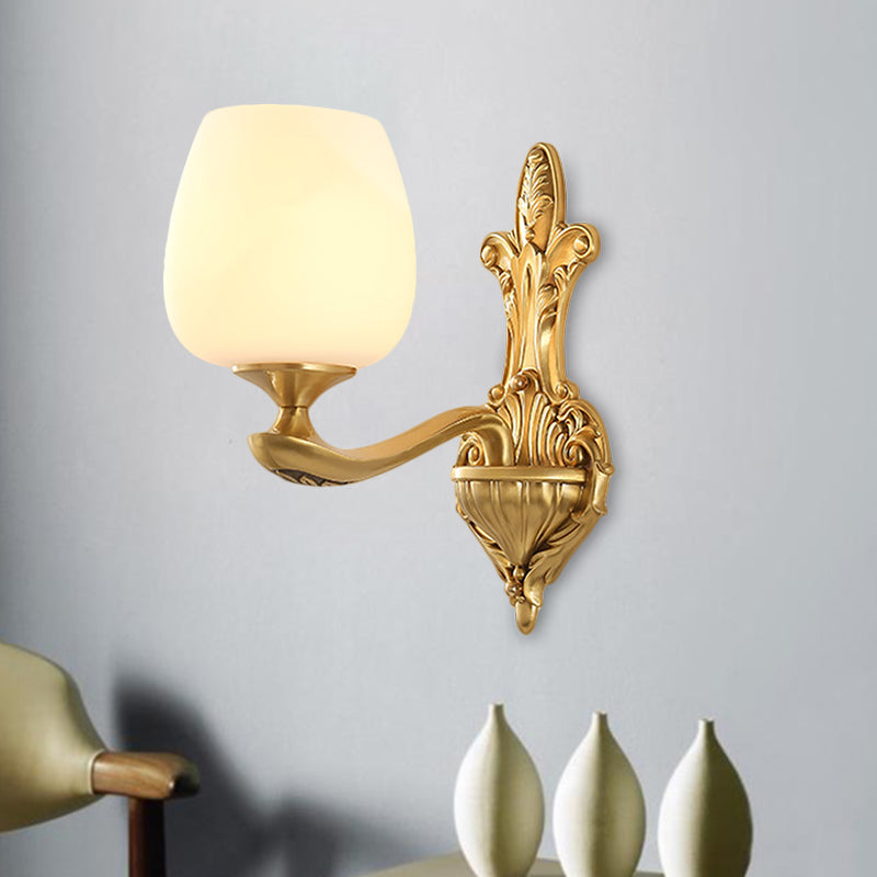 Brass 1/2-Light Wall Sconce Countryside Cream Glass Cup Shape Wall Lighting Fixture for Bedroom