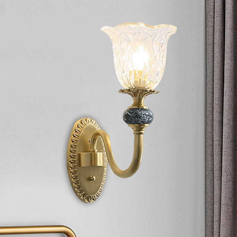 1/2-Head Floral Wall Mount Lamp Classic Style Brass Clear Ribbed Glass Wall Sconce Lighting with Swooping Arm