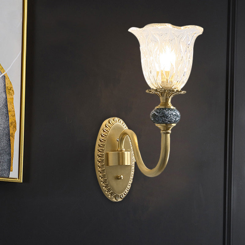 1/2-Head Floral Wall Mount Lamp Classic Style Brass Clear Ribbed Glass Wall Sconce Lighting with Swooping Arm