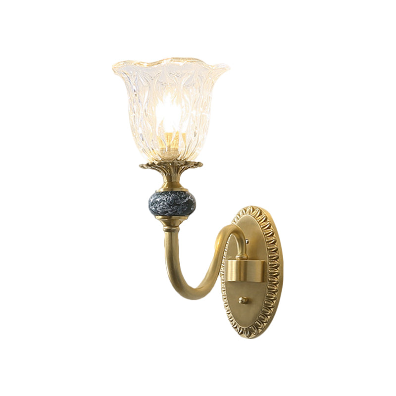 1/2-Head Floral Wall Mount Lamp Classic Style Brass Clear Ribbed Glass Wall Sconce Lighting with Swooping Arm