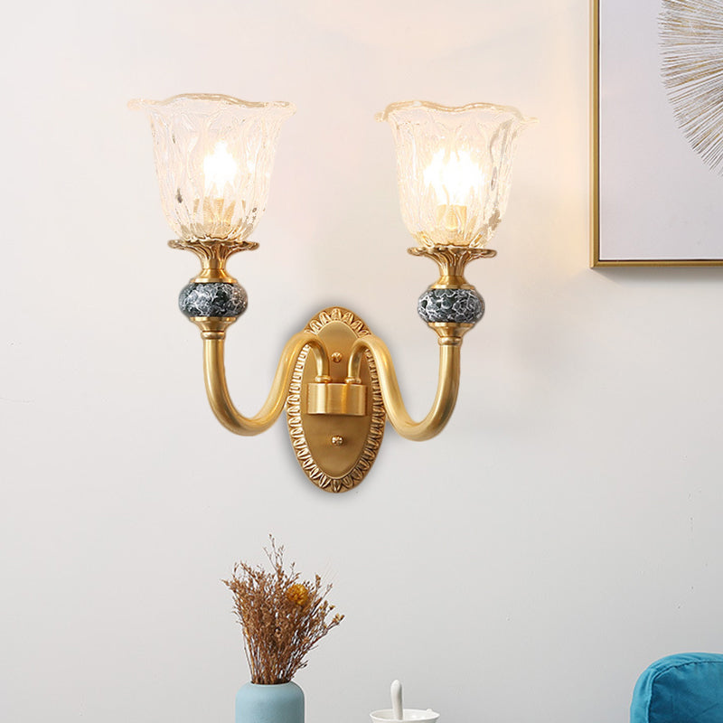 1/2-Head Floral Wall Mount Lamp Classic Style Brass Clear Ribbed Glass Wall Sconce Lighting with Swooping Arm