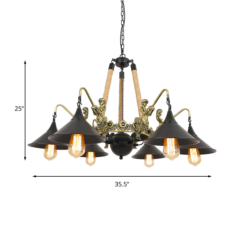 Industrial Bell Chandelier Light 6/8 Bulbs Metal and Rope Suspension Light with Mermaid Deco in Black