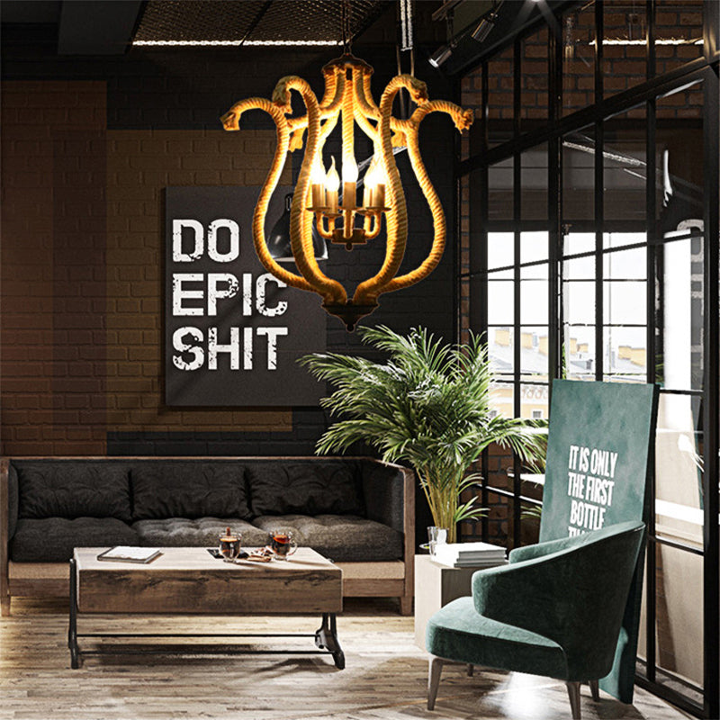 5 Heads Roped Cage Chandelier Lamp Vintage Brown Ceiling Fixture with Flower Shade for Restaurant