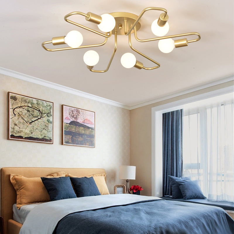 Plafonnier semi-encastré Spoutnik doré/noir/blanc contemporain à 6 lumières en métal pour chambre à coucher