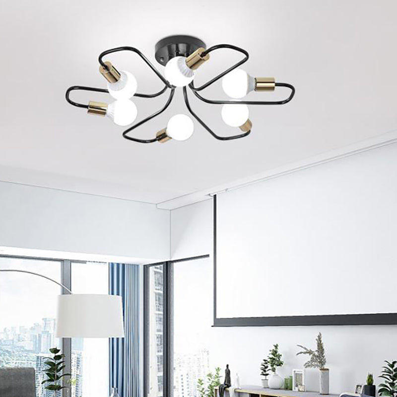 Plafonnier semi-encastré Spoutnik doré/noir/blanc contemporain à 6 lumières en métal pour chambre à coucher