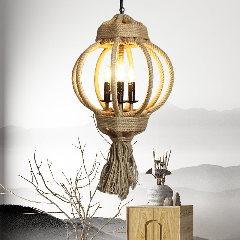 3 Bulbs Lantern Cage Hanging Lamp Country Style Hemp Rope Chandelier Lighting in Beige for Restaurant
