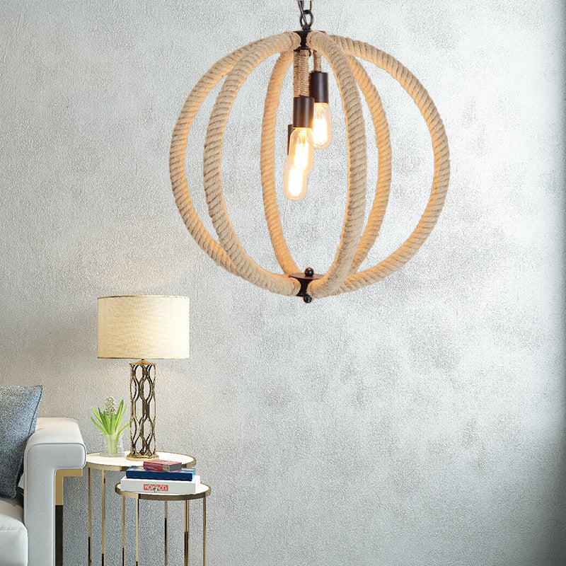 Chandelier de couloir d'orbe Hanging Light Light Retro Style Corde de chanvre 3 lumières Lampe de plafond beige