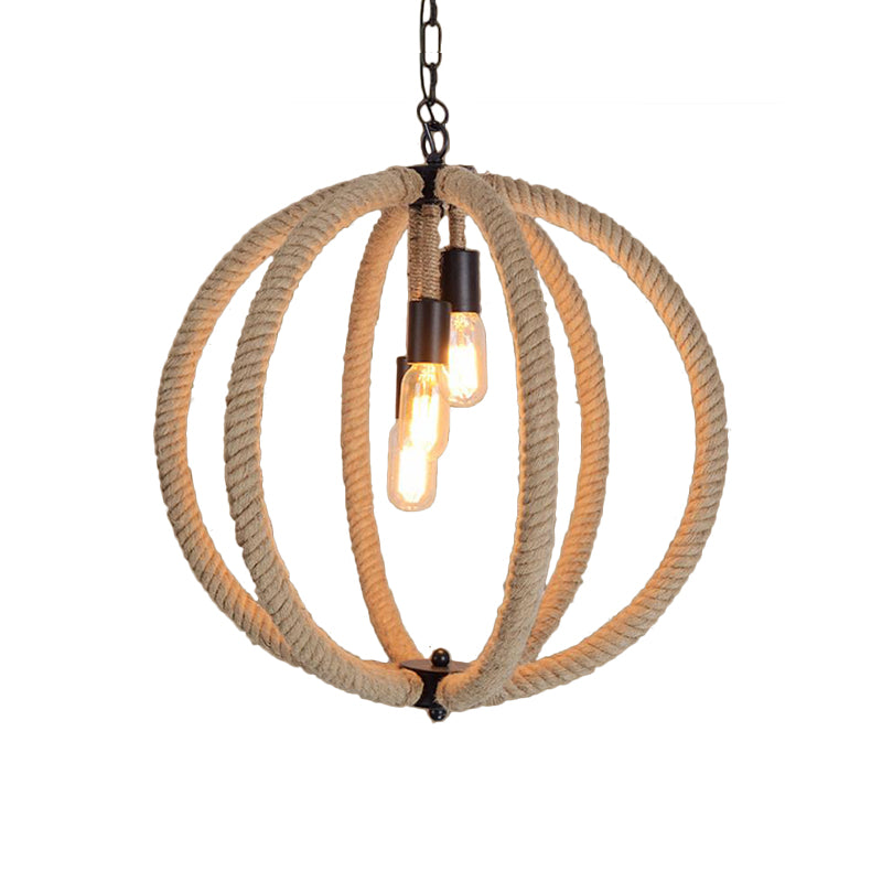 Chandelier de couloir d'orbe Hanging Light Light Retro Style Corde de chanvre 3 lumières Lampe de plafond beige