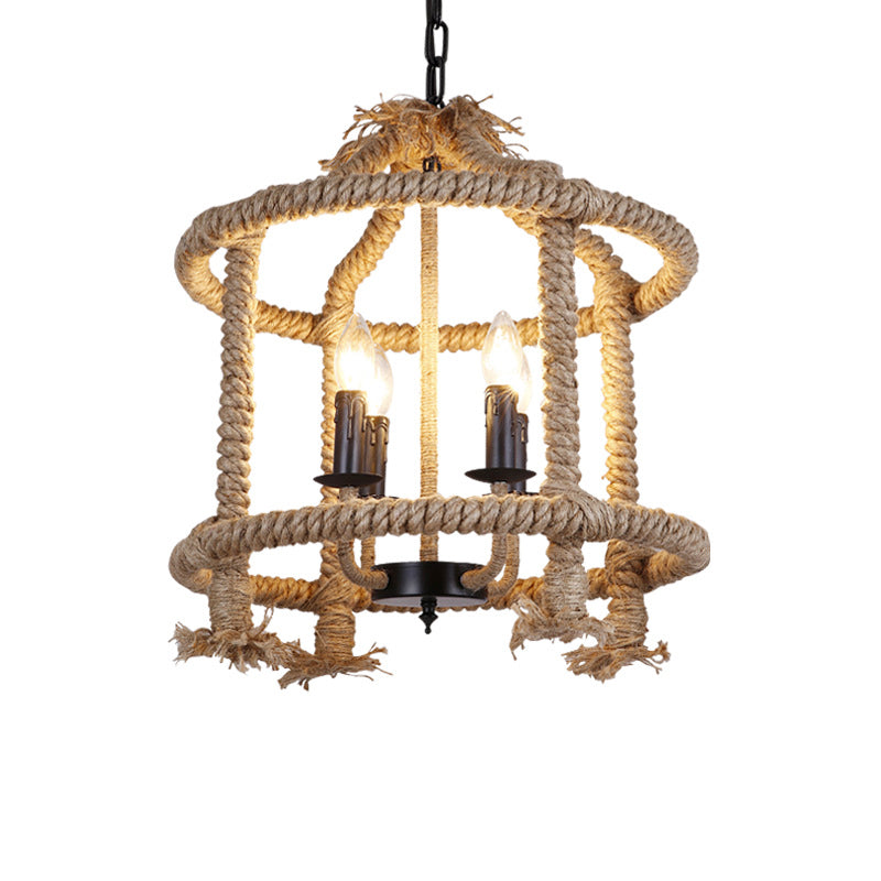 Roped Cage Shade Pendant Lamp Lodge Stylish 4 Lights Restaurant Hanging Light Fixture in Brown