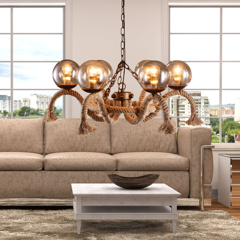 6 lumières Global Chandelier Lighting Retro Rust Finish Finish Rope Suspension Light With Smoke Grey Grey Glass Shade