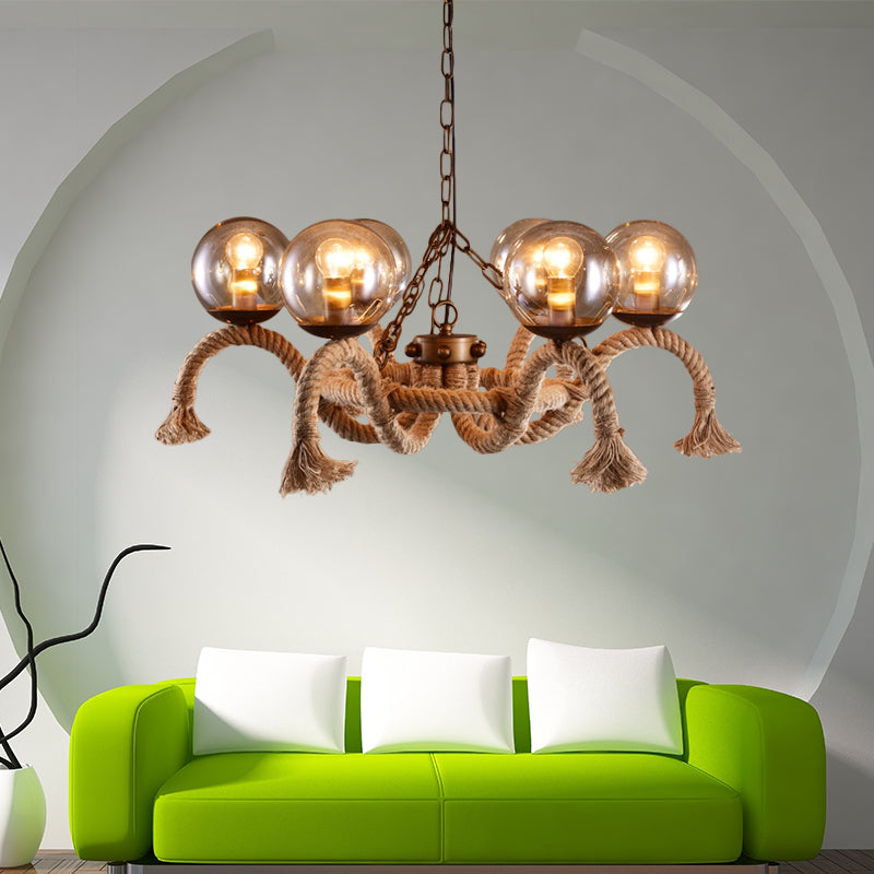 6 lumières Global Chandelier Lighting Retro Rust Finish Finish Rope Suspension Light With Smoke Grey Grey Glass Shade