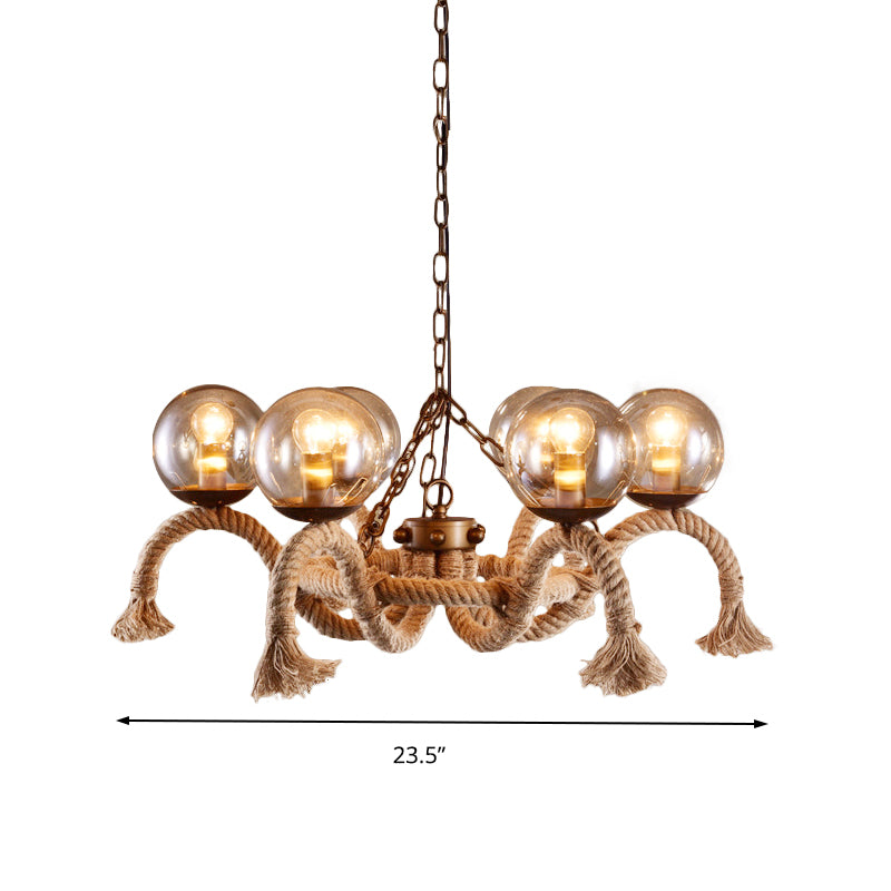 6 lumières Global Chandelier Lighting Retro Rust Finish Finish Rope Suspension Light With Smoke Grey Grey Glass Shade