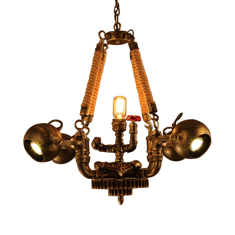 5 Lights Ball Chandelier Lighting with Global Shade Retro Bronze Metal and Rope Hanging Pendant for Bar
