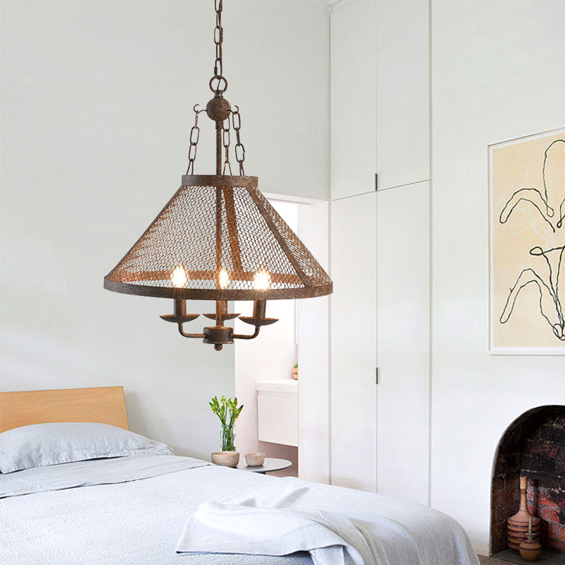 Pendre évasé en maillage antique avec bougie 3 lumières Metal Chandelier Lampe en rouille foncée pour salle à manger