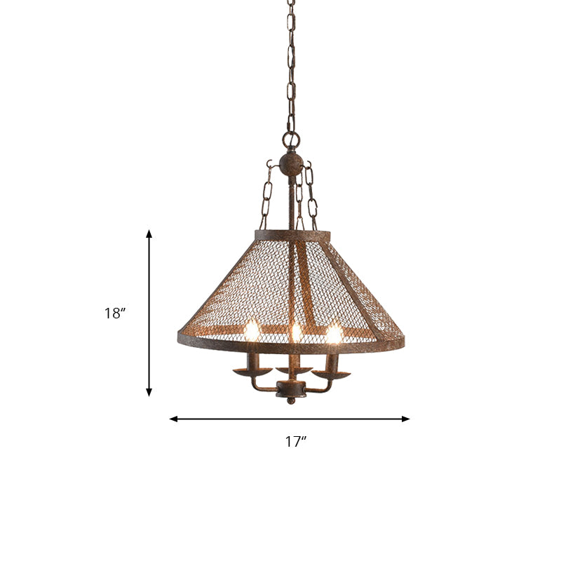 Pendre évasé en maillage antique avec bougie 3 lumières Metal Chandelier Lampe en rouille foncée pour salle à manger