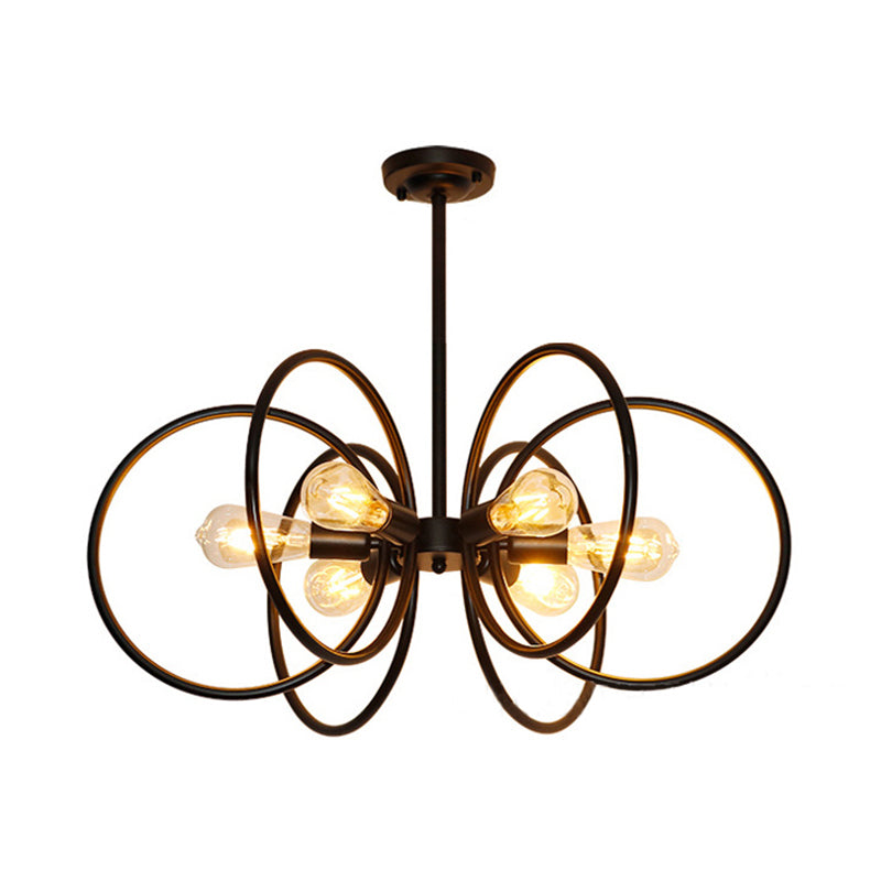 Multi Ring Metal Chandelier Light Vintage Style 6 Lights Restaurant Ceiling Light Fixture in Black