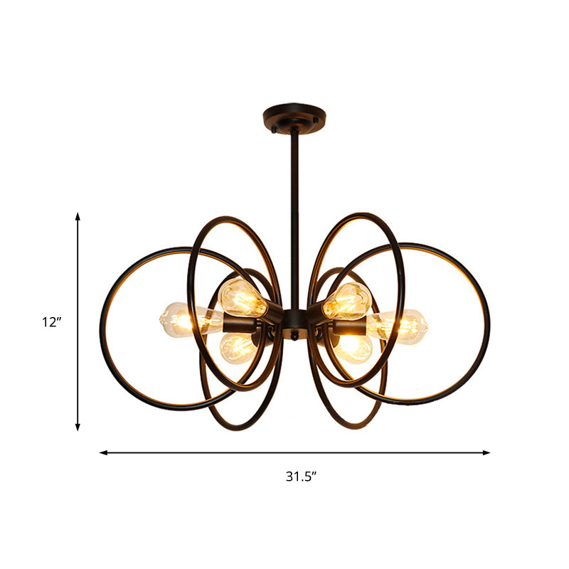 Multi Ring Metal Chandelier Light Vintage Style 6 Lights Restaurant Ceiling Light Fixture in Black