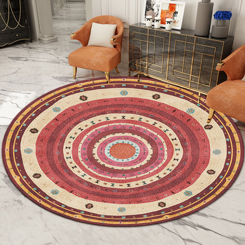 Bohemian Living Room Rug in Red Circle Print Rug Polyester Washable Stain-Resistant Pet Friendly Area Rug