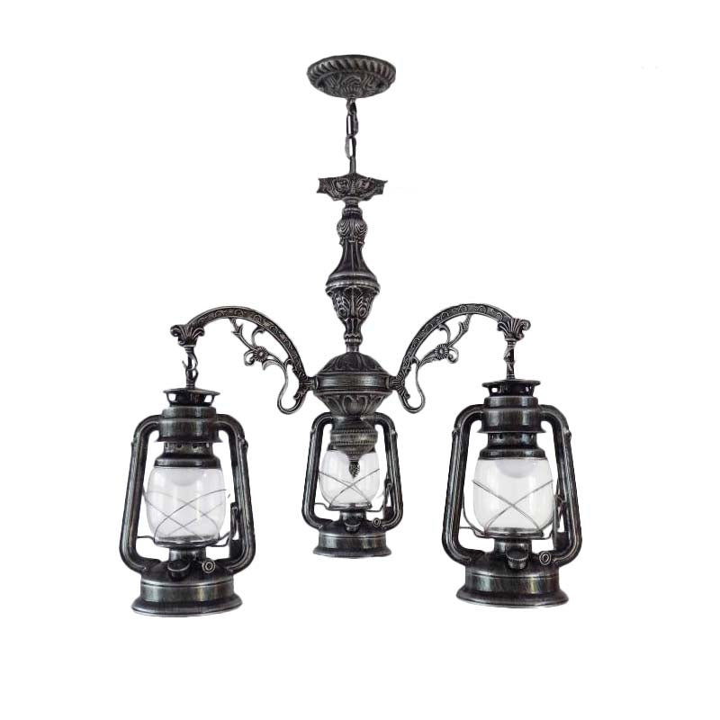 Clear Glass Black/Silver/Red Chandelier Light Lantern 3-Light Industrial Pendant Lamp for Kitchen