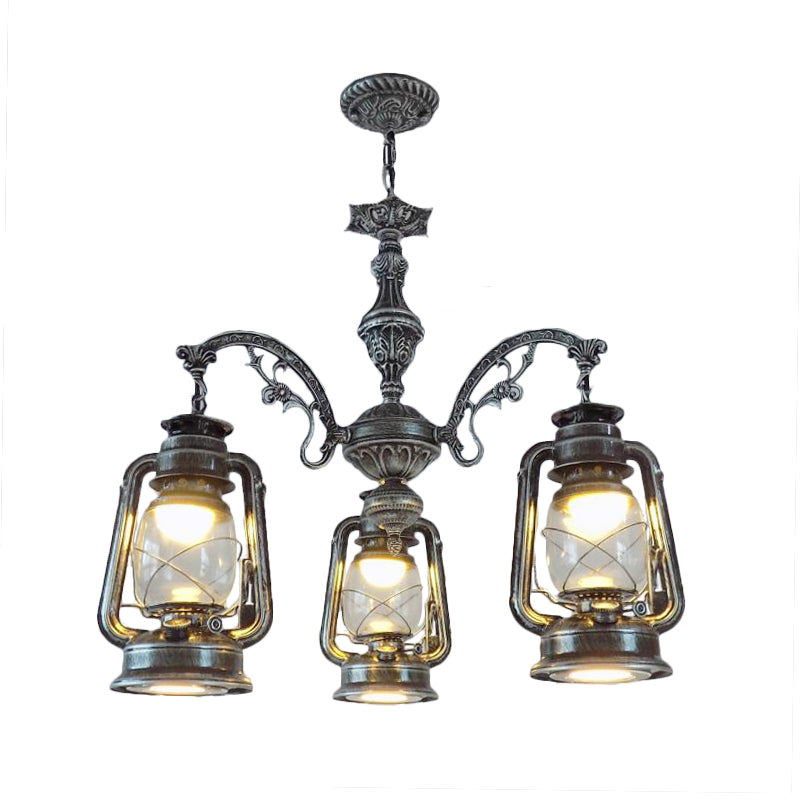 Clear Glass Black/Silver/Red Chandelier Light Lantern 3-Light Industrial Pendant Lamp for Kitchen
