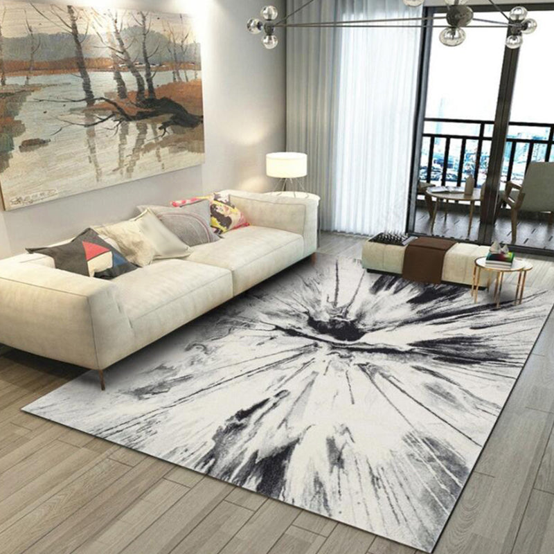 Modern Living Room Rug in White Abstract Ink Painting Print Rug Polyester Washable Non-Slip Backing Area Rug
