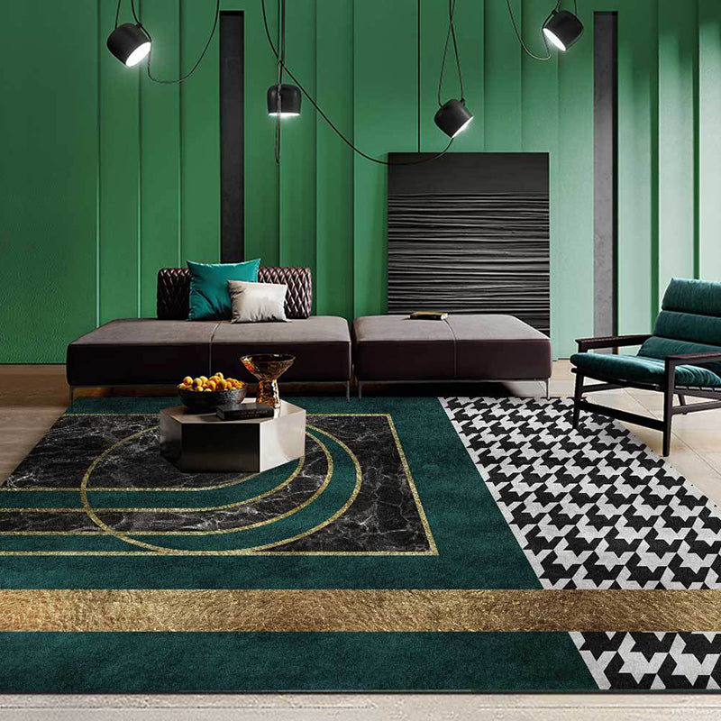 Scandinavian Modern Rug in Green Rhombus Pattern Rug Polyester Stain-Resistant Carpet for Home Decoration