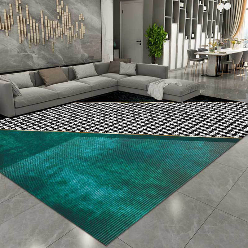 Black Bedroom Rug Modern Color Block Houndstooth Pattern Area Rug Polyester Stain-Resistant Carpet