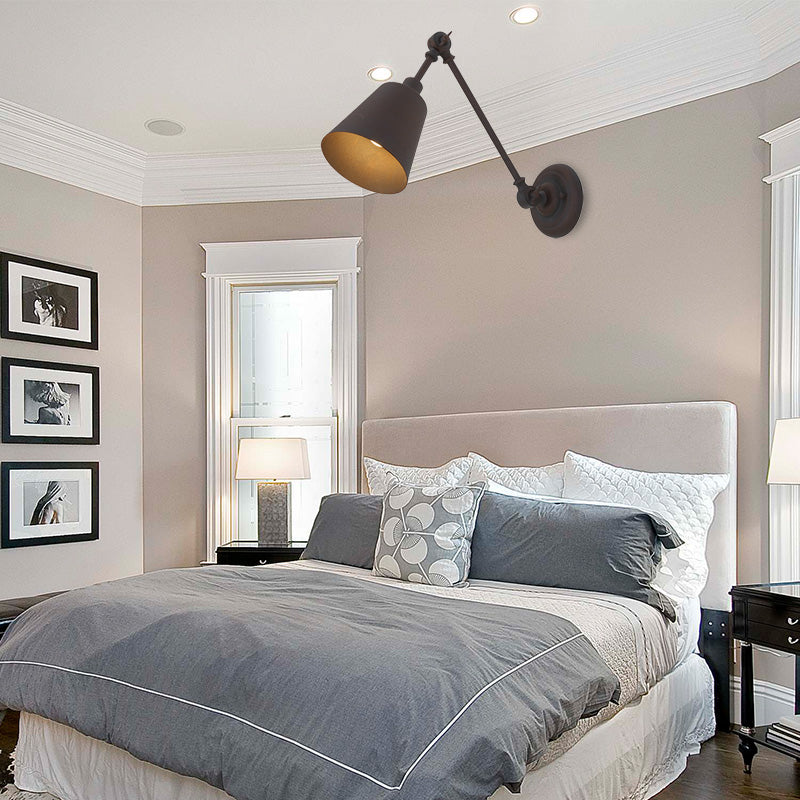 1 Light Metallic Wall Mount Light Contemporary Black/Rust Tapered Bedroom Wall Light Sconce with Adjustable Arm