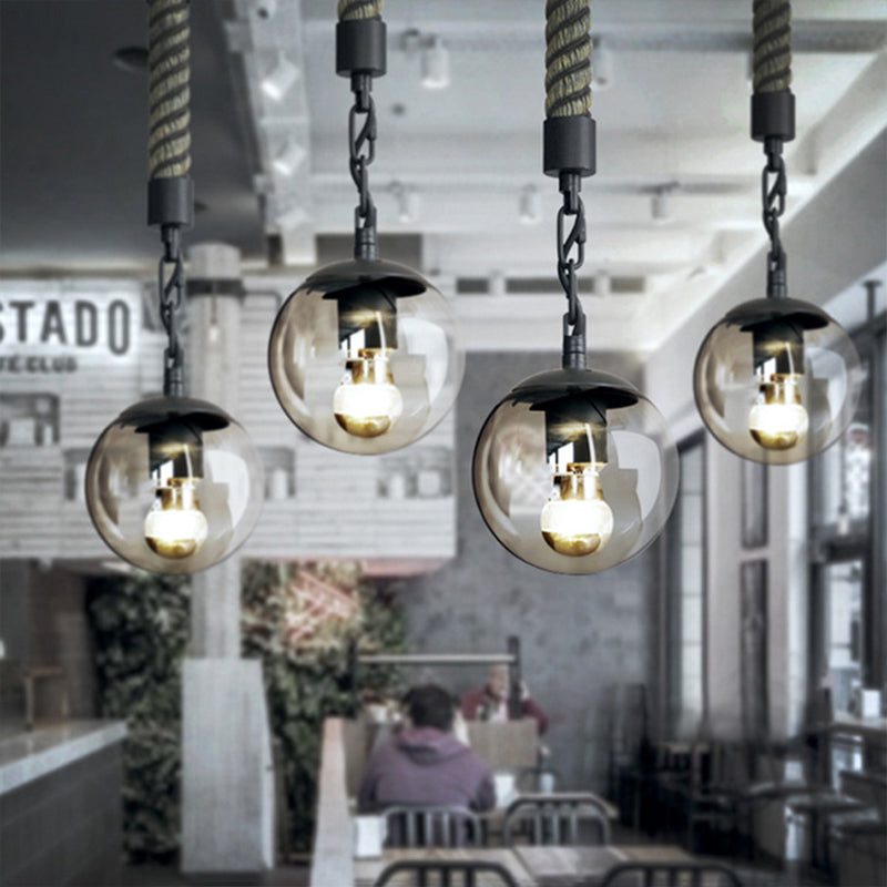 1 Light Tan Glass Pendant Light Lodge Stylish Black Finish Ball Restaurant Hanging Light with Rope