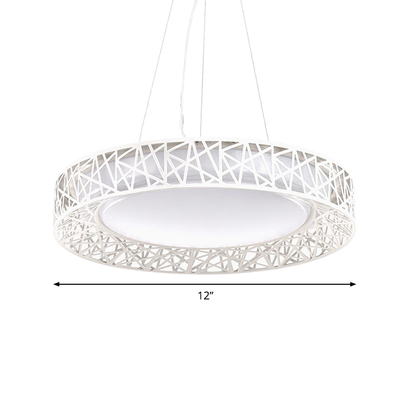 Drum Hanging Pendant Light Nordic Metal LED White Ceiling Light with Hollow Design in White/Warm/Natural Light, 12"/15"/19" Wide
