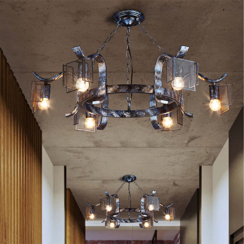 Fer Ring Hanging Light avec écran en mailles six têtes pendantes rustiques Lumière en noir antique pour bar